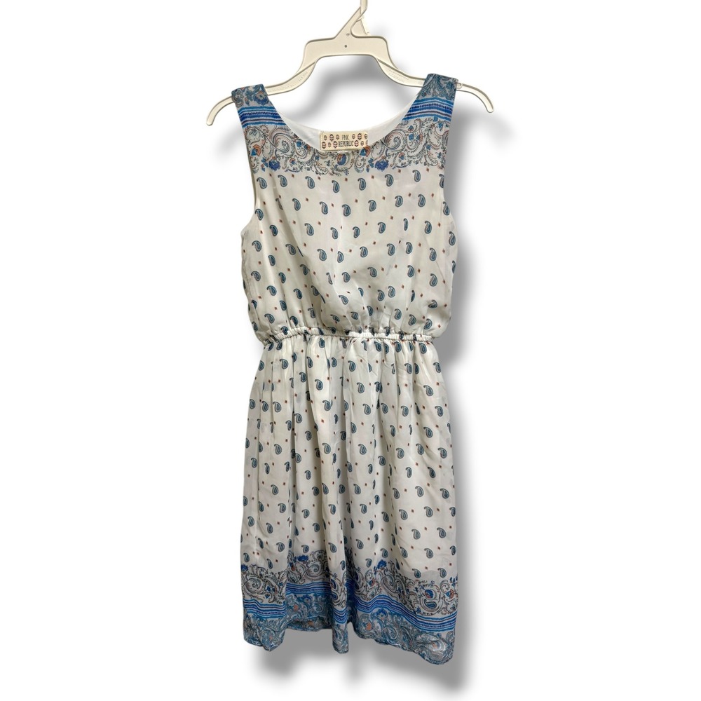 Pink Republic Girls Paisley Border Print Sleeveless Chiffon Dress White Blue 7/8